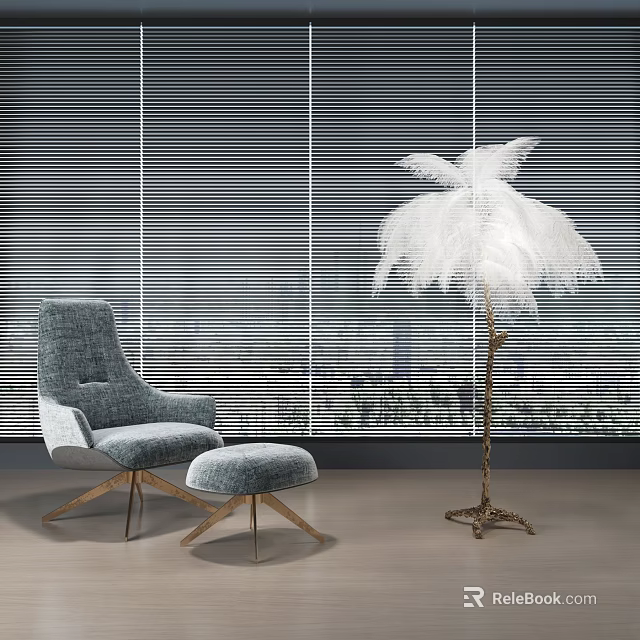 Modern Gray Armchair With Ottoman And Feather Floor Lamp In Interior With Window Blinds 3d model 