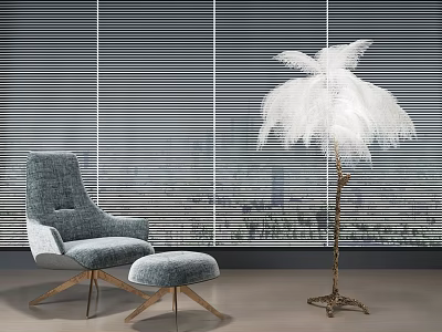 Modern Gray Armchair With Ottoman And Feather Floor Lamp In Interior With Window Blinds 3d model