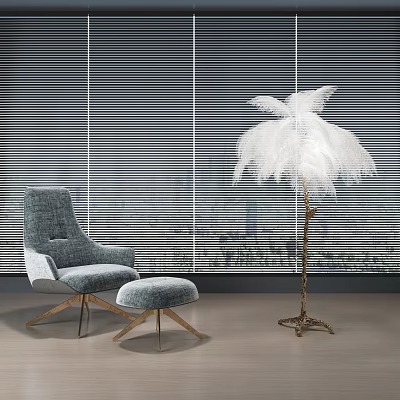 Modern Gray Armchair With Ottoman And Feather Floor Lamp In Interior With Window Blinds 3d model