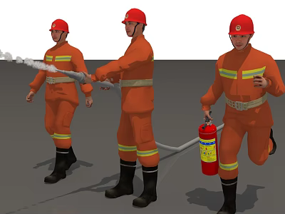 Men As Firefighters Wearing Orange Uniforms With Red Helmets Using Water Hose And Fire Extinguisher 3d model