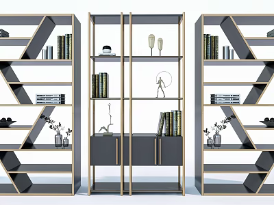 Modern Three Panel Bookcase with Geometric Design Display Shelves Books and Decorative Items 3d model