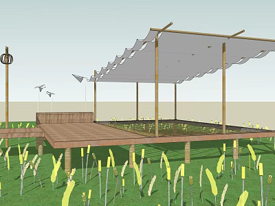 Scenic Campsite With Wooden Deck And Canopy Shelter In Natural Grassland 3d model