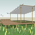 Scenic Campsite With Wooden Deck And Canopy Shelter In Natural Grassland