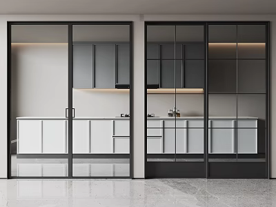 Modern Sliding Glass Doors With Glass Panels Metal Frames And White Cabinets In Kitchen 3d model