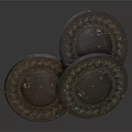 Ancient Three Circular Bronze Colored Artifacts With Intricate Carved Surface Patterns