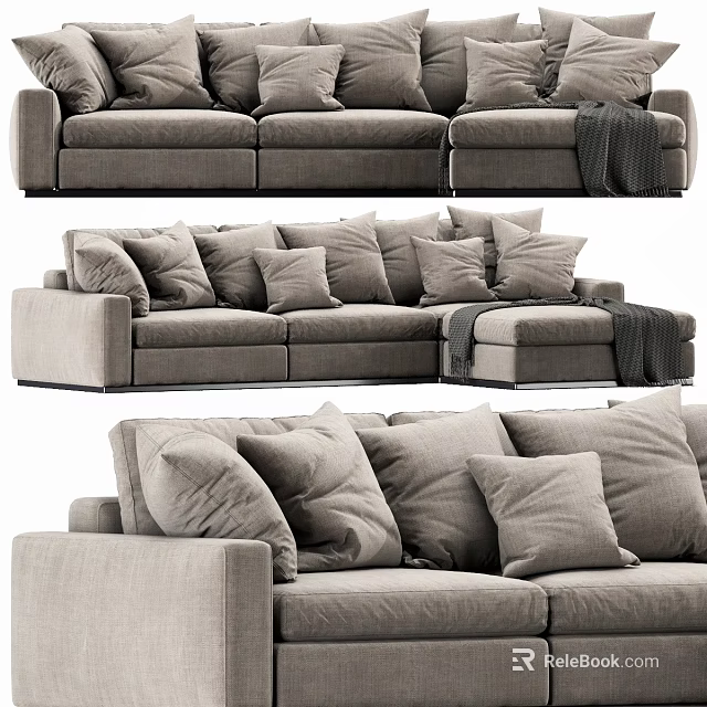 Modern Gray Sectional Sofa With Plush Pillows And Soft Fabric Throw Blanket 3d model