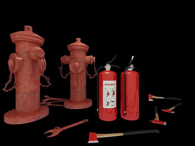 Essential Red Fire Equipment Including Fire Hydrants Extinguishers And Axes 3d model