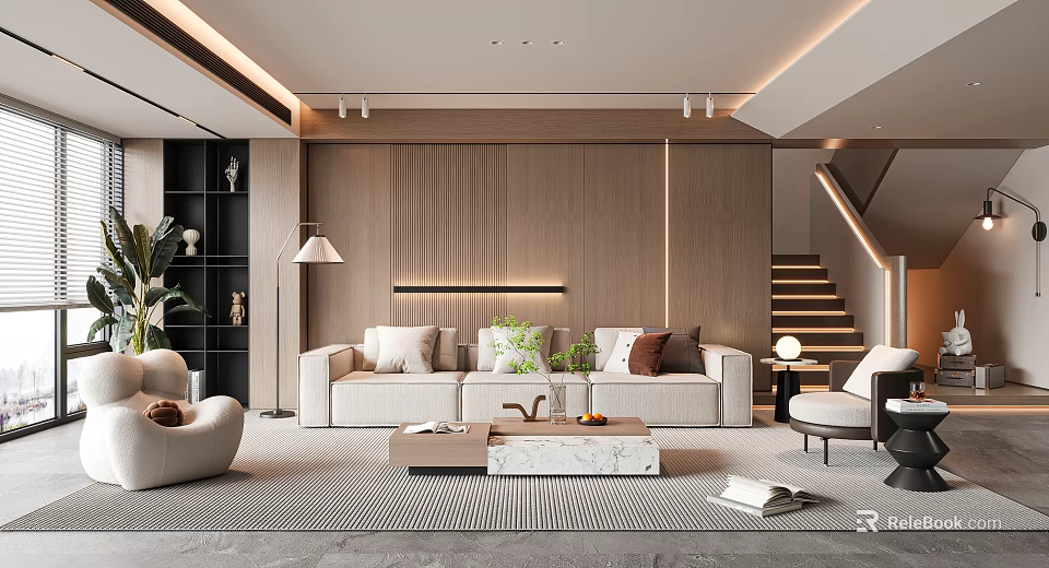Modern Living Room Interior Design With Beige Sofa Wooden Wall Panel And Coffee Table 3d model 