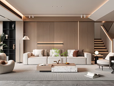 Modern Living Room Interior Design With Beige Sofa Wooden Wall Panel And Coffee Table 3d model