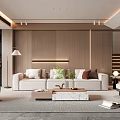 Modern Living Room Interior Design With Beige Sofa Wooden Wall Panel And Coffee Table