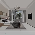 Modern Bedroom Interior With Wooden Wardrobes Pendant Light Bed Nightstands And Floor To Ceiling Windows