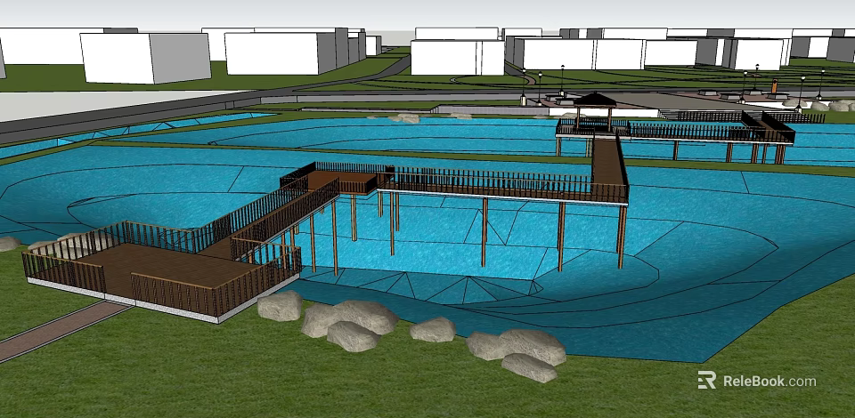 Waterfront Landscape With Wooden Pier Walkway Blue Water Area Lush Green Grass And Surrounding Buildings 3d model 
