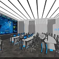 Modern Monitoring Room With Large Digital Screens Data Displays Control Workstations And Ergonomic Chairs