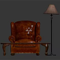 Red Leather Tufted Armchair With Wooden Coffee Table And Floor Lamp