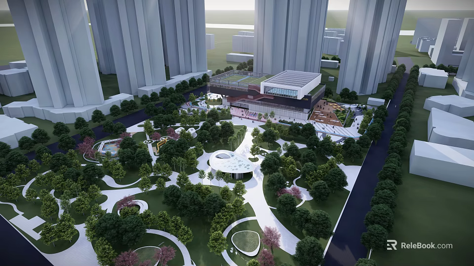 Tall modern buildings surrounding urban park with green spaces circular pathways and central structure 3d model 