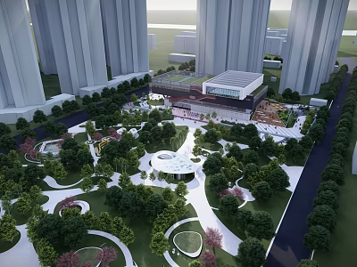 Tall modern buildings surrounding urban park with green spaces circular pathways and central structure 3d model