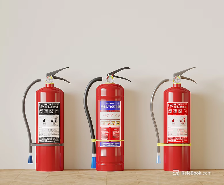 Three Red Fire Extinguishers Against Wall With Safety Labels And Hoses 3d model 