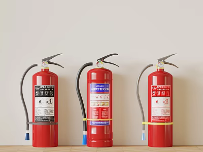 Three Red Fire Extinguishers Against Wall With Safety Labels And Hoses 3d model