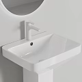 Modern White Washbasin with Sleek Faucet Round Mirror and Clean White Wall Design