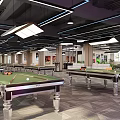 Modern Billiard Hall Interior With Pool Tables Lighting And Sofas 3d model