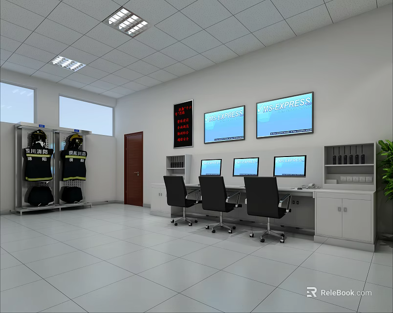 Modern Office With Multiple Monitors Desks Chairs Firefighting Cabinets Digital Clock And Green Plants 3d model 