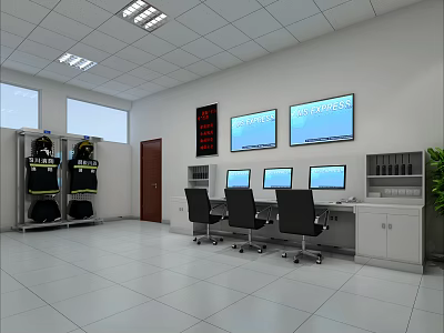 Modern Office With Multiple Monitors Desks Chairs Firefighting Cabinets Digital Clock And Green Plants 3d model