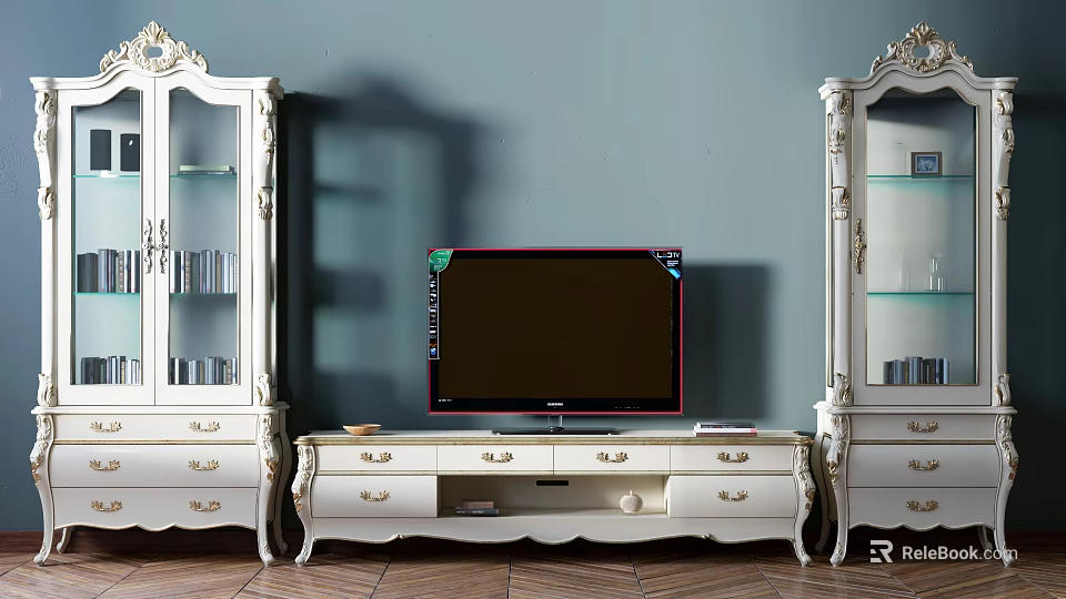 Elegant White Carved TV Stand with Glass Display Cabinets and TV on Top 3d model 