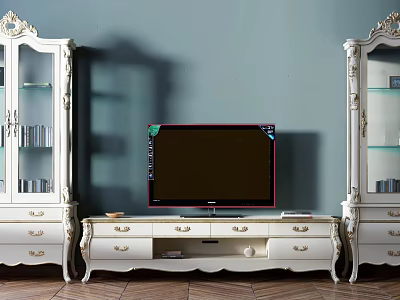 Elegant White Carved TV Stand with Glass Display Cabinets and TV on Top 3d model