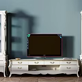 Elegant White Carved TV Stand with Glass Display Cabinets and TV on Top
