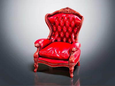 Red Leather Armchair with Tufted Back Design and Carved Wooden Legs in Luxurious Style 3d model
