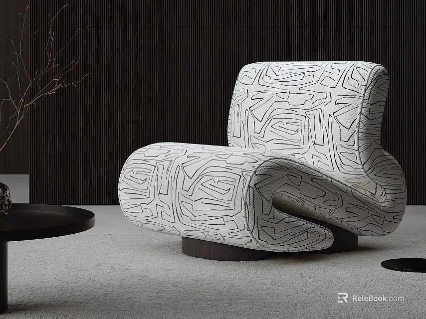 Modern Single Sofa With Curved Shape Black White Abstract Patterns Dark Wall And Light Carpet 3d model