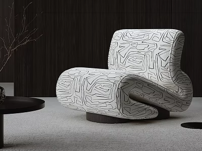 Modern Single Sofa With Curved Shape Black White Abstract Patterns Dark Wall And Light Carpet 3d model
