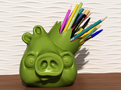 Green Pig Shaped Pencil Holder With Colorful Pencils On Wooden Table 3d model