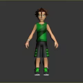 Cartoon 3D Male Character With Brown Hair Wearing Green Tank Top And Black Striped Shorts