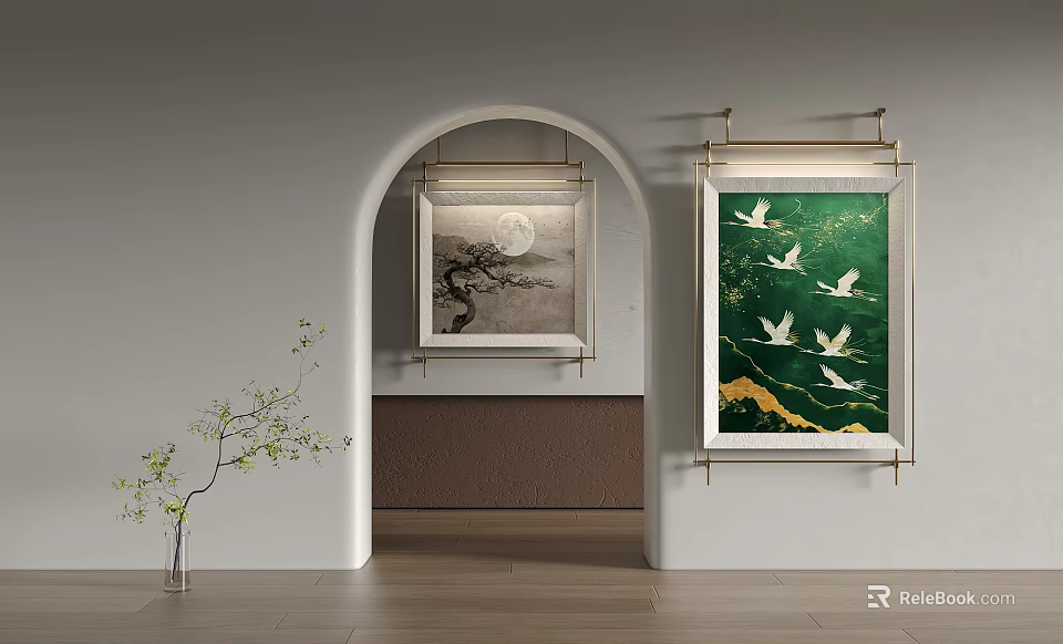 Scenery Paintings Display In Minimalist Interior With Crane And Moon 3d model