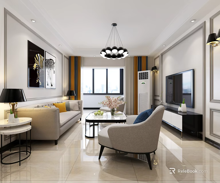 Modern Living Room Interior Design With Beige Sofa Coffee Table TV And Chandelier 3d model 