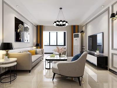 Modern Living Room Interior Design With Beige Sofa Coffee Table TV And Chandelier 3d model