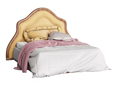 Cozy Double Bed With Wooden Curved Headboard Yellow Padding White Sheet Pink Blanket And Pillows 3d model