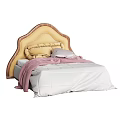 Cozy Double Bed With Wooden Curved Headboard Yellow Padding White Sheet Pink Blanket And Pillows