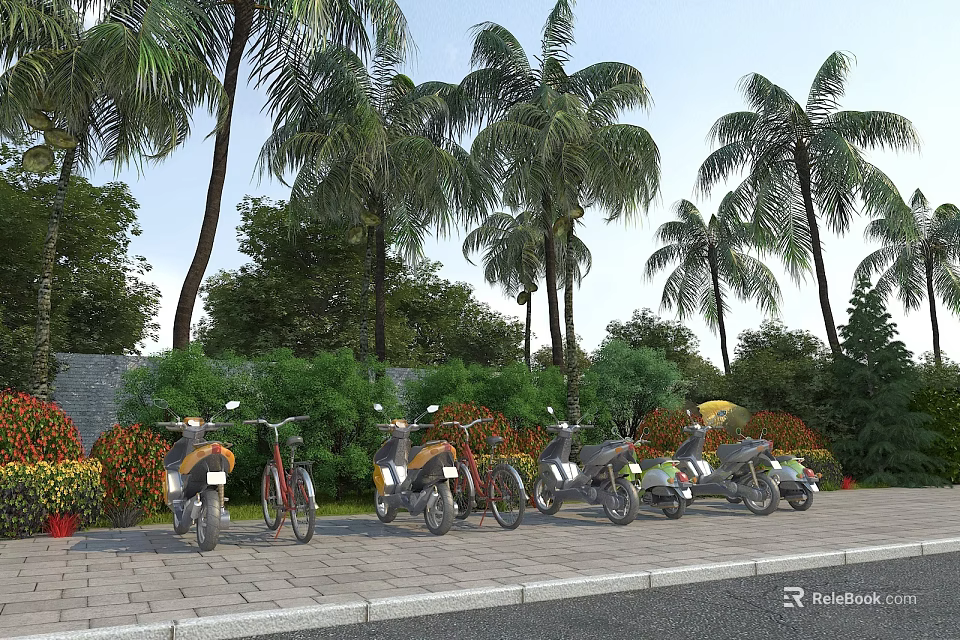 Roadside Parking Facility For Motorcycles And Bicycles With Palm Trees And Greenery 3d model 