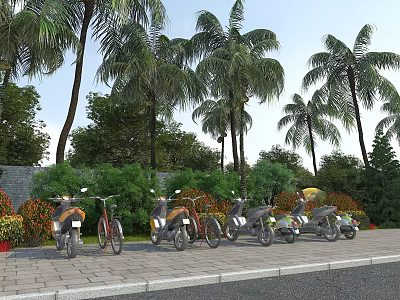 Roadside Parking Facility For Motorcycles And Bicycles With Palm Trees And Greenery 3d model