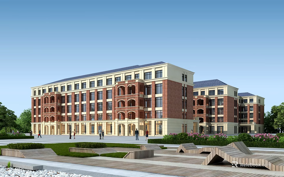 Red Brick School Building With Multi Story Structure Arched Windows And Front Plaza Greenery 3d model
