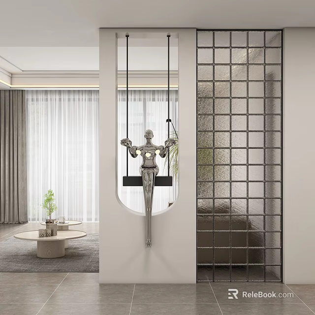 Modern Foyer Hallway Interior Design With Hanging Mirror Metal Grid Screen Lighting Fixture And Plant 3d model 