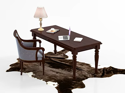 Wooden Desk With Table Lamp Notebook Laptop And Armchair On Fur Rug 3d model