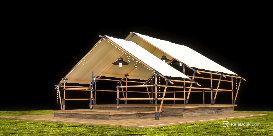 Outdoor Canopy With Wooden Frame White Canvas Roof And String Lights On Grassy Platform 3d model 
