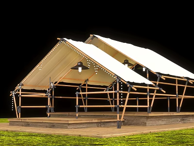 Outdoor Canopy With Wooden Frame White Canvas Roof And String Lights On Grassy Platform 3d model