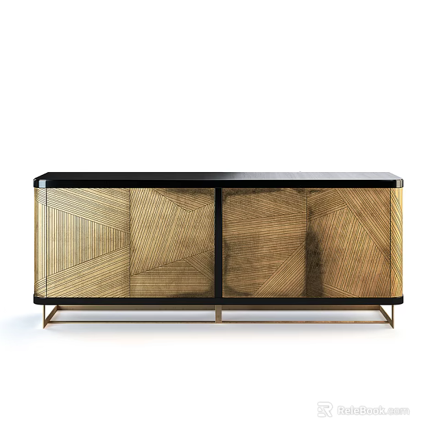 Elegant Modern Entryway Console Side Cabinet With Gold Metal Frame And Geometric Pattern Wood Panels 3d model 