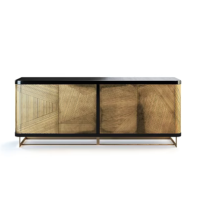 Elegant Modern Entryway Console Side Cabinet With Gold Metal Frame And Geometric Pattern Wood Panels 3d model