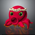 Red Octopus Plush Toy With Green Eyes Open Mouth And White Headband On Dark Background
