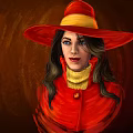 Portrait Of Woman Wearing Red Hat With Yellow Trim And Red Coat Over Yellow Turtleneck